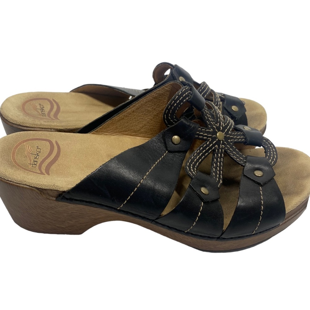 Dansko Black Leather Floral Strap Clog Mules with Wood-Tone Heel - Picture 5 of 9